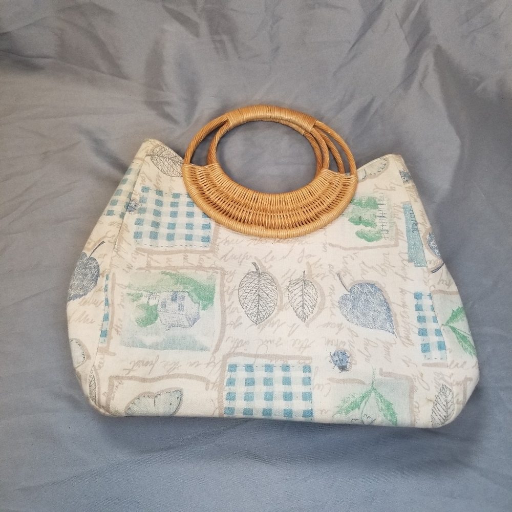 Marlo 80s style wicker handles handbag purse with cream and blue butterfly motif
